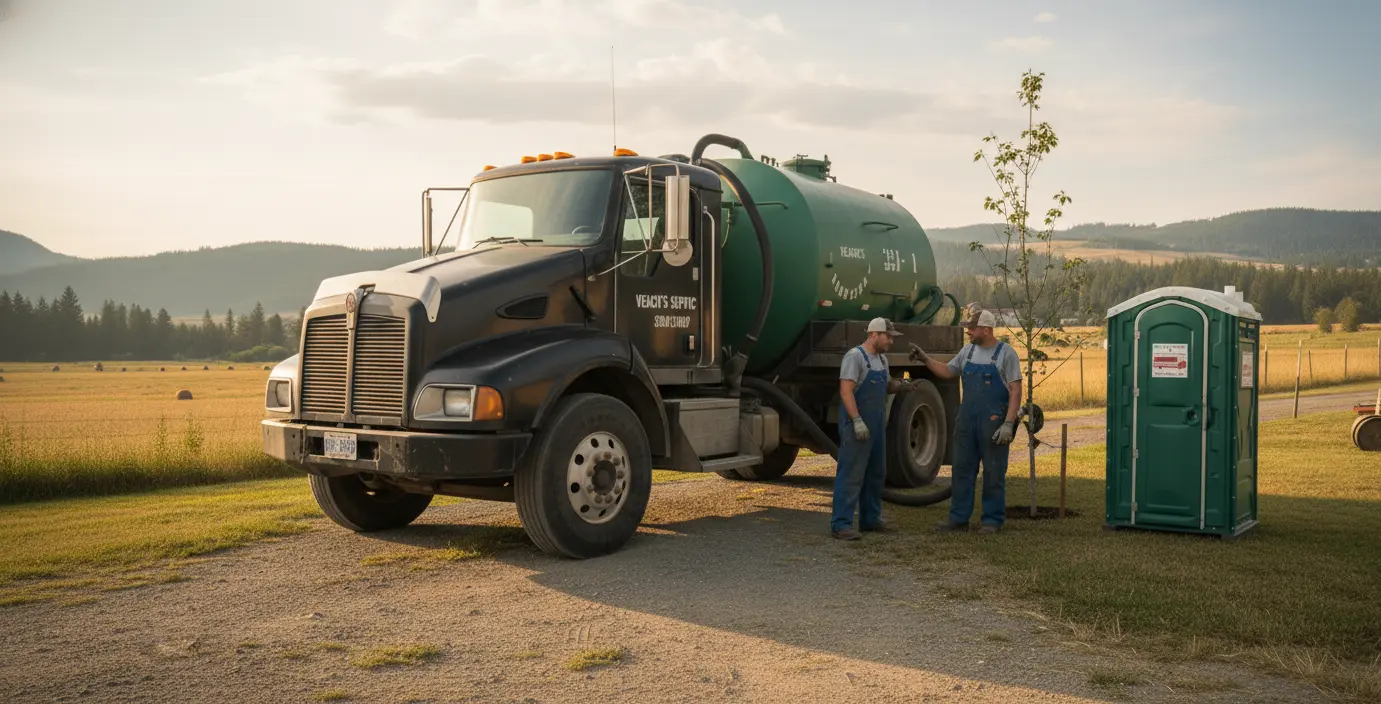 Veach's Septic Service truck parked beside a portable toilet in a field.