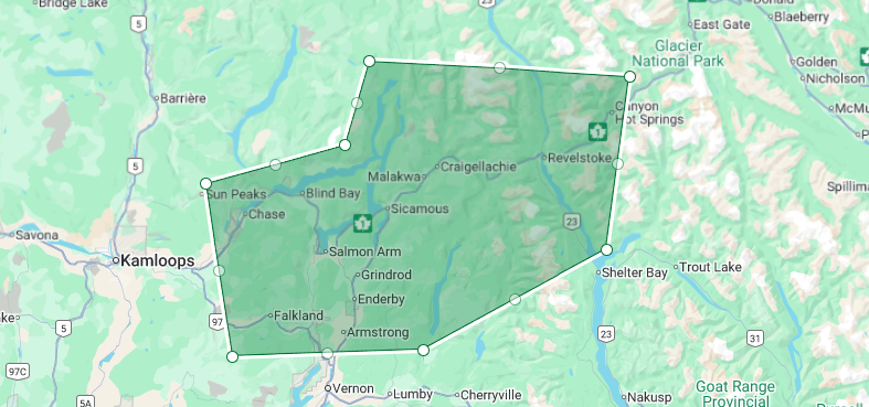 Map showing the Veach's Septic Service area across Salmon Arm, Revelstoke, Armstrong, Enderby, Sicamous, Chase, Malakwa, Magna Bay, Seymour Arm, and nearby Interior BC communities.